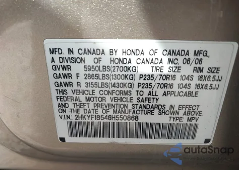 2006 Honda Pilot Ex-L из США, поврежденный, VIN 2HKYF18546H550868